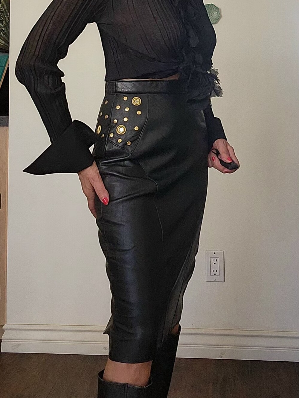 Dali Melamé Paris Vintage Genuine Leather Studded Pencil Skirt